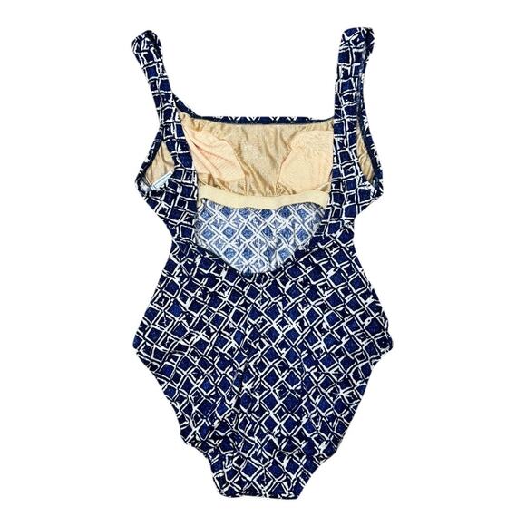 Vintage 90s Baja Blue One PIece Swimsuit Sz 10 Geometric Print High Cut Leg - Picture 2 of 8